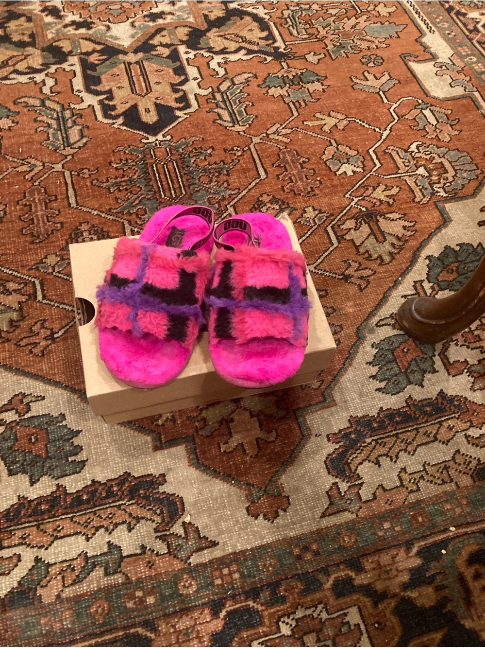 UGG Kids Fuzzy Slide Sandals in Hot Pink and Purple